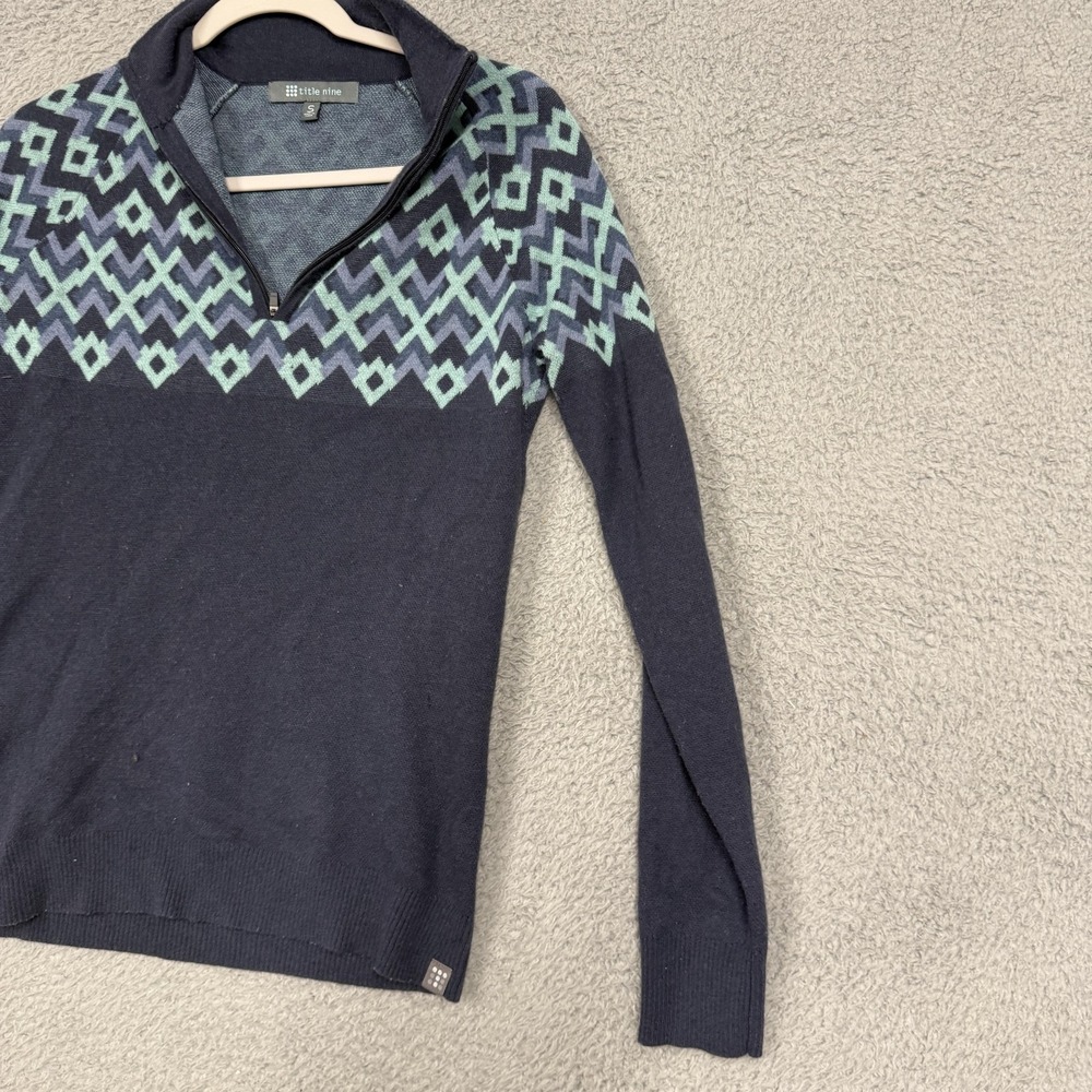Title Nine Sweater Womens Small Blue Geometric 1/4 Zip Mock Neck Merino Wool - Picture 2 of 16